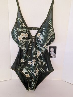 Swimsuit Marilyn Monroe Tropical Floral One-Piece Deep Green Mesh Side Sz L NWT